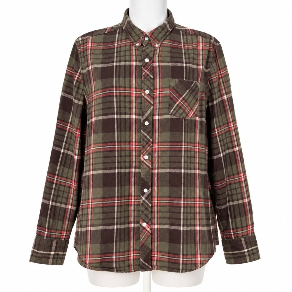 One Day Away Plaid Flannel Shirt Mens XL Brown Green Red Button Down Pocket